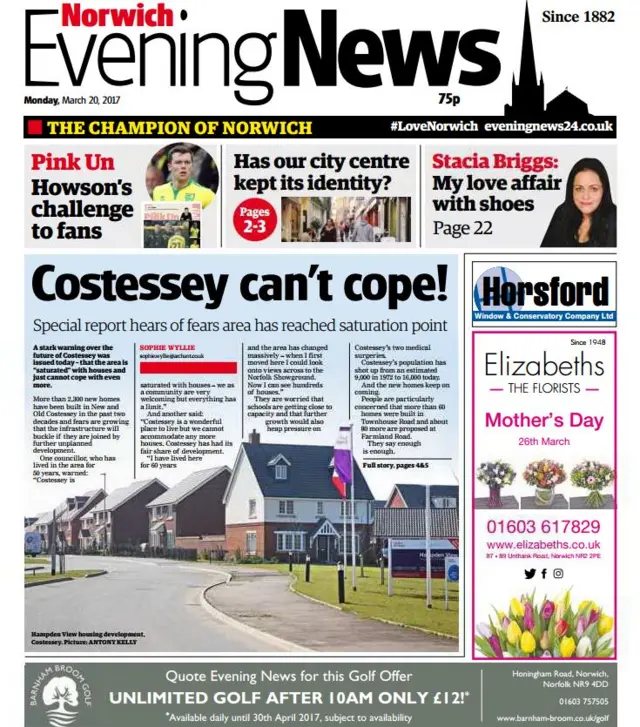 Front page of Norwich Evening News