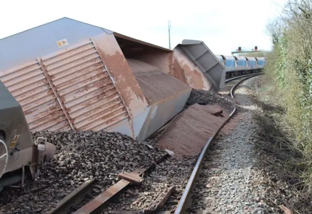 Derailed freight train