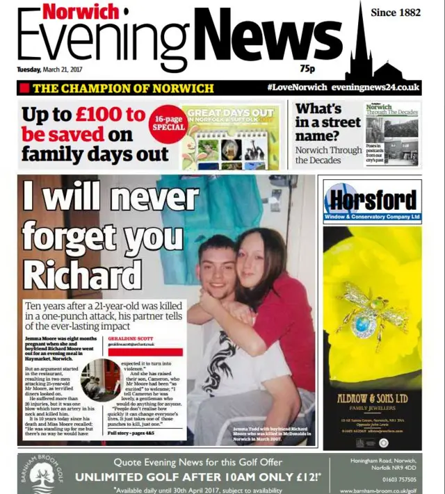 Front page of Norwich Evening News