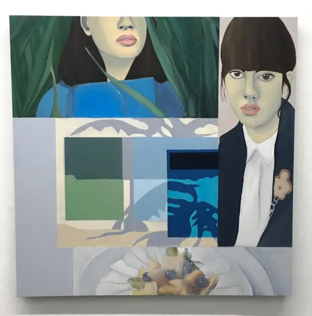 
          Oil and arcylic collage of Victoria, in shades of blue, green and grey showing stylised women's faces
        