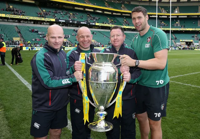 
          Paul Burke, Richard Cockerill, Matt O'Connor and Richard Blaze celebrate their victory during the Aviva Premiership
        