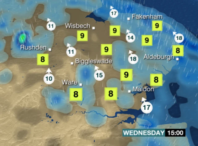 
          Weather chart for Wednesday afternoon, showing rain showers scattered across the region
        