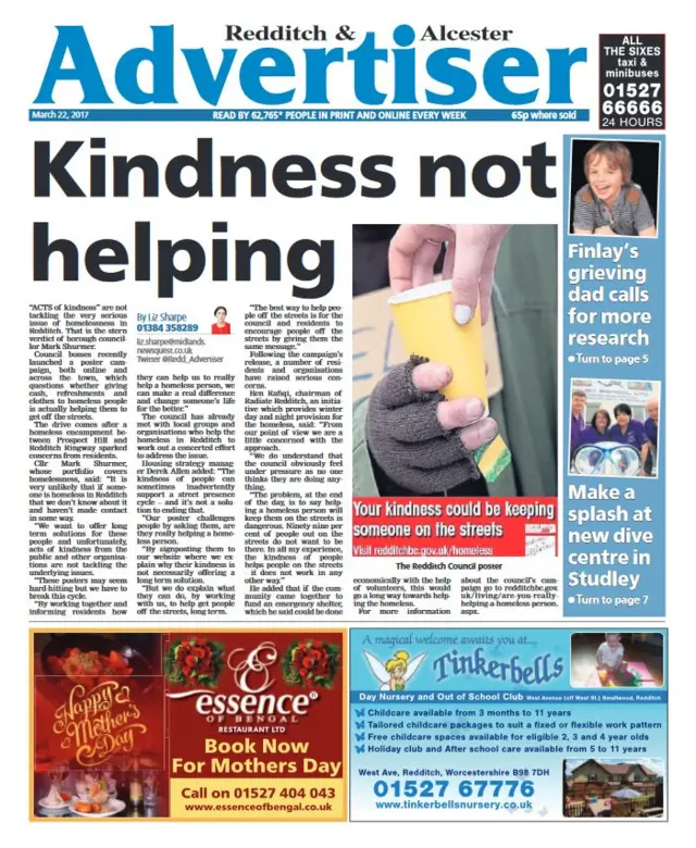 Redditch & Alcester Advertiser front page