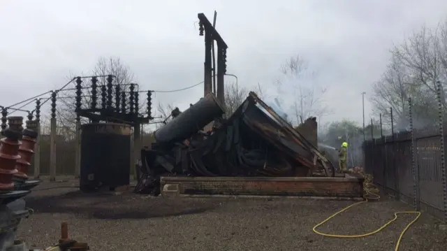 Charred remains of a substation