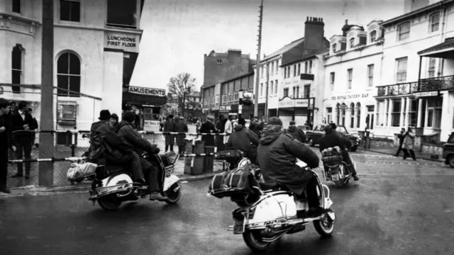 Mods on scooters at Clacton-on-Sea in Essex