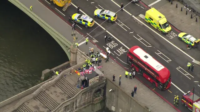 
          Aerial view of Westminster Bridge, with red bus, emergency vehicles and emergency workers in high viz jackets
        