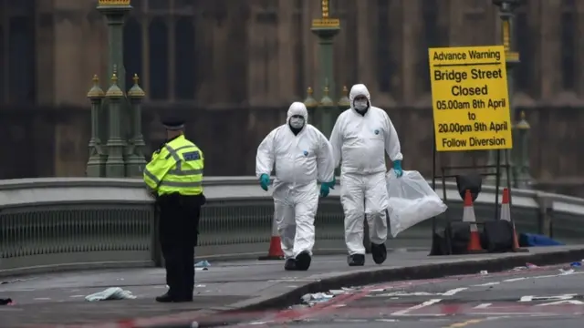 Police forensic officers work on Westminster Bridge