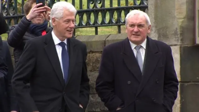 
          Former US President Bill Clinton and former Taoiseach (Irish Prime Minister) Bertie Ahern arrived together at the church.
        