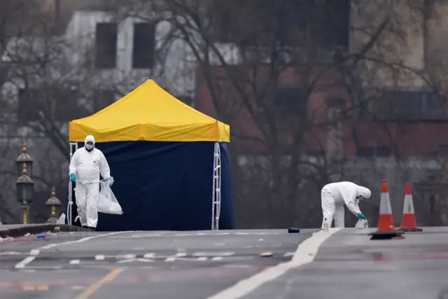 Forensic scientists work on Westminster Bridge