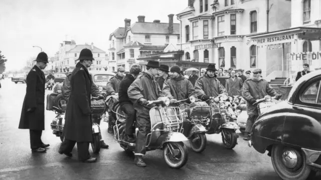 Mods on scooters at Clacton-on-Sea in Essex