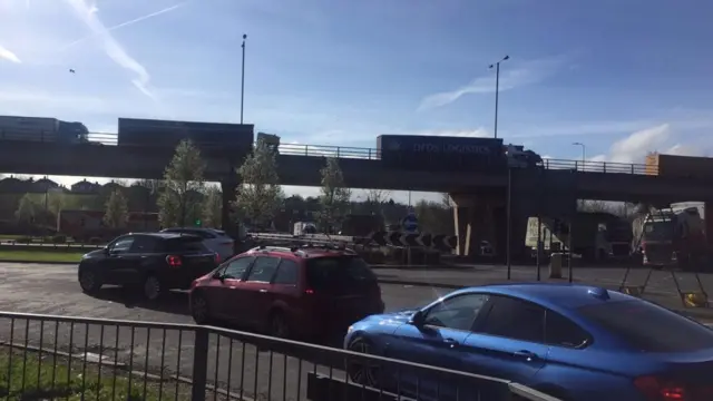 Queuing traffic on A500 and A34 near junction1 5 of M6