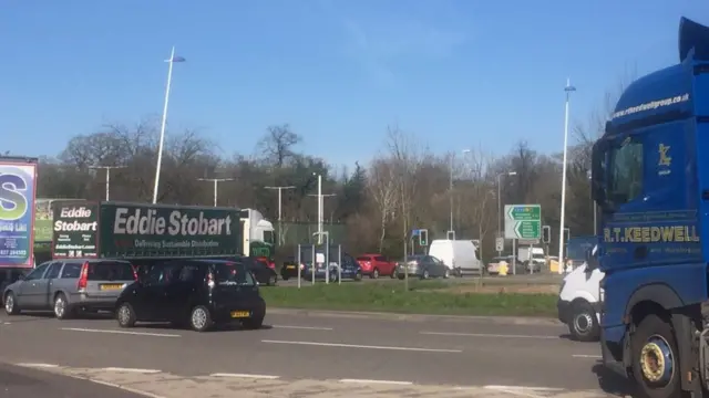 
          Traffic queuing around Trentham roundabout on A34 on route from Stone to Stoke-on-Trent
        