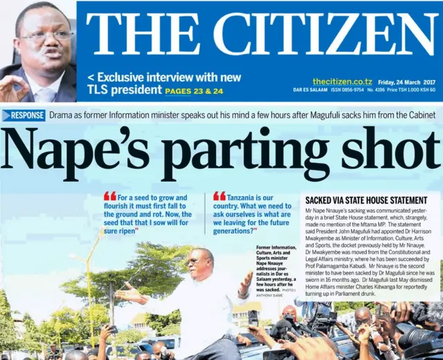 
          Tanzania Citizen frontpage with headline "Nape's parting shot" and photo of sacked info minister addressing crowd from his car
        