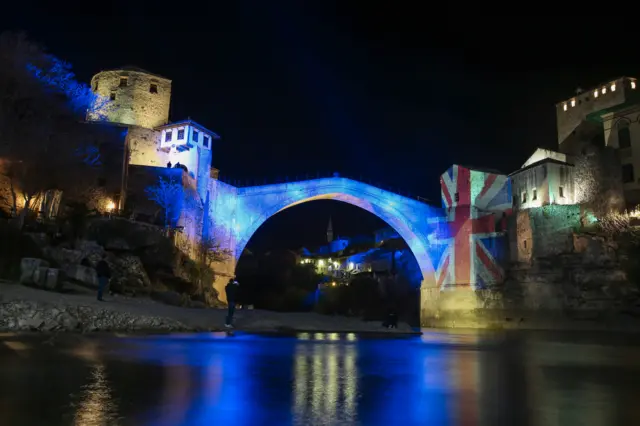 
          Old Bridge in Mostar was illuminated in United Kingdom's flag colors
        