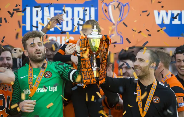 
          Dundee United's Cammy Bell and Sean Dillon lift the Irn Bru Cup
        