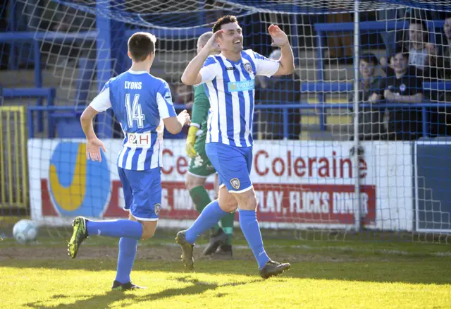 
          Joy for Eoin Bradley after netting his penalty to give Coleraine a 1-0 lead over leaders Crusaders
        