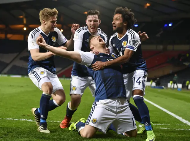 Scotland celebrate Chris Martin's winning goal