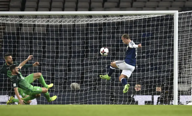 Leigh Griffiths hits the bar with a volley for Scotland