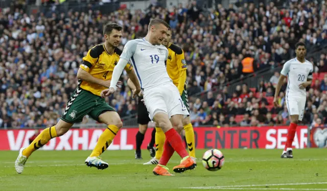 Jamie Vardy scores England's second goal