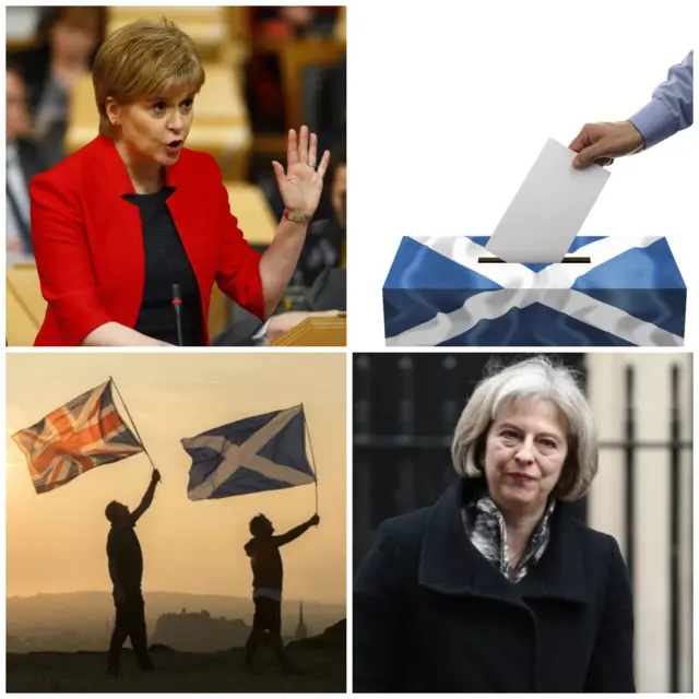 
          Nicola Sturgeon and Theresa May, flags and saltire ballot box
        