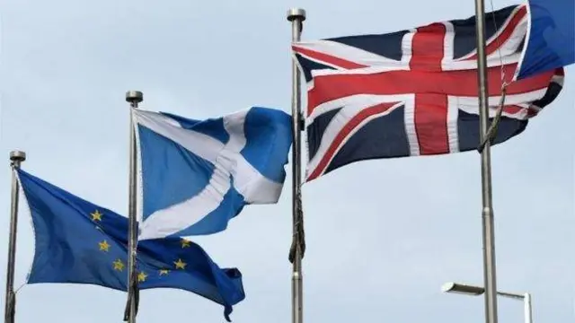 EU flag, Saltire and Union Jack