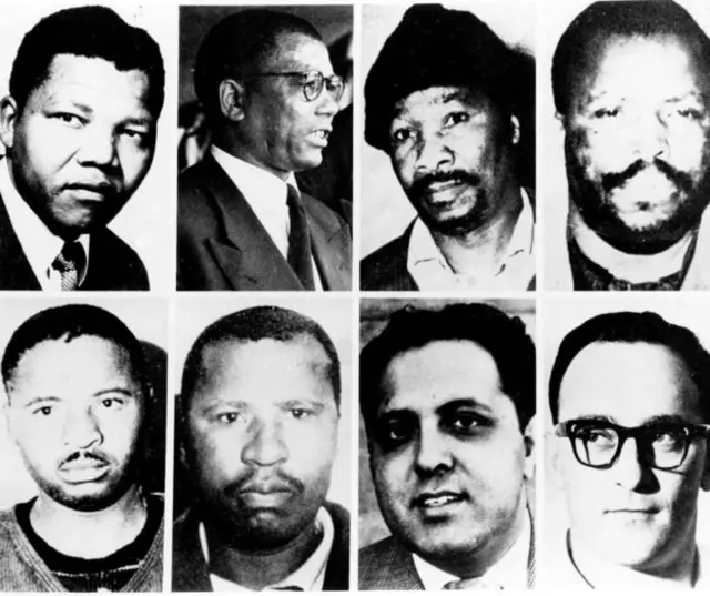 
          The eight men found guilty at the Rivonia trial were (clockwise from the top left) Nelson Mandela, Walter Sisulu, Govan Mbeki, Raymond Mhlaba, Dennis Goldberg, Ahmed Kathrada, Andrew Mlangeni and Elias Motsoaledi
        