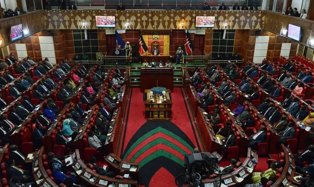 
          A general view taken on March 26, 2015 in Nairobi shows the Kenyan parliament, as President Uhuru Kenyatta addresses two Houses the Senate and the National Assembly
        