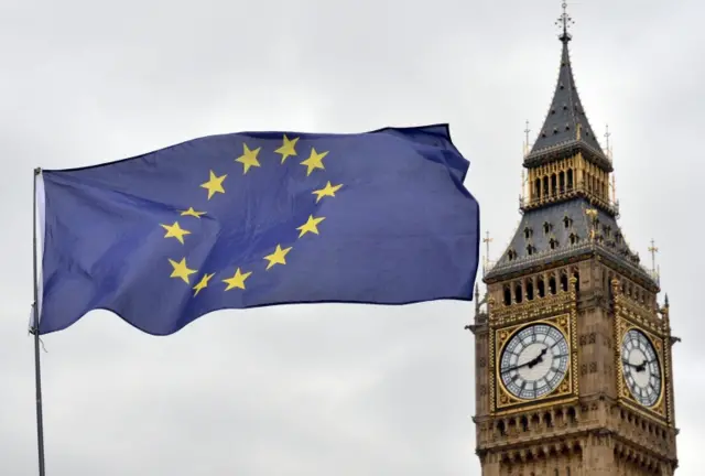 EU flag next to the Houses of Parliament