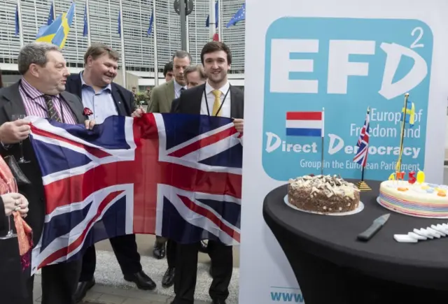 
          UKIP MEPs and other Brexit supporters celebrate the invoking of Article 50
        