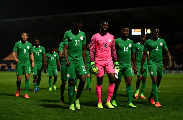 
          The Nigeria team leave the field together at half time during the International Friendly match between Nigeria and Senegal
        