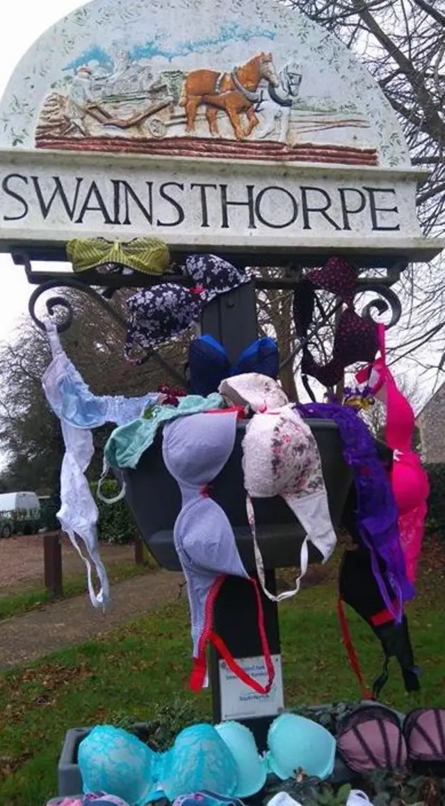 
          Assortment of bras in different colours, surrounding Swainsthorpe village sign
        