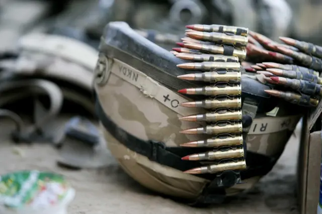 Helmet and bullets of a British soldier, in Helmand Province