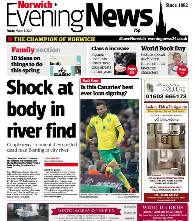 Front page of Norwich Evening News