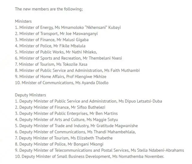 List of new South African ministers and deputy ministers