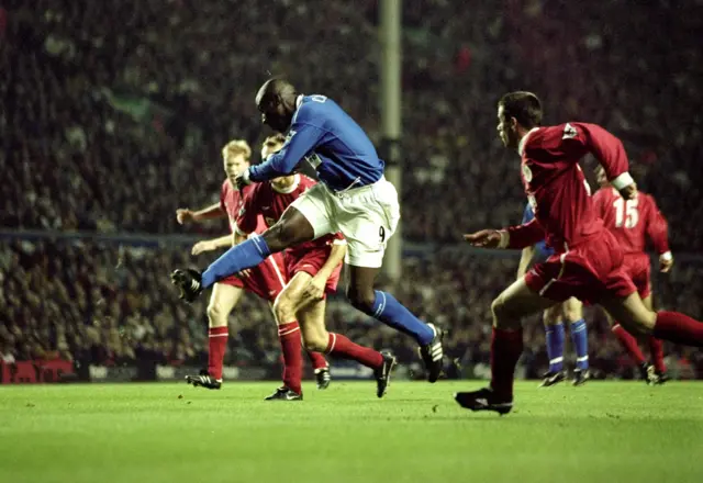 Kevin Campbell scores against Liverpool in 1999