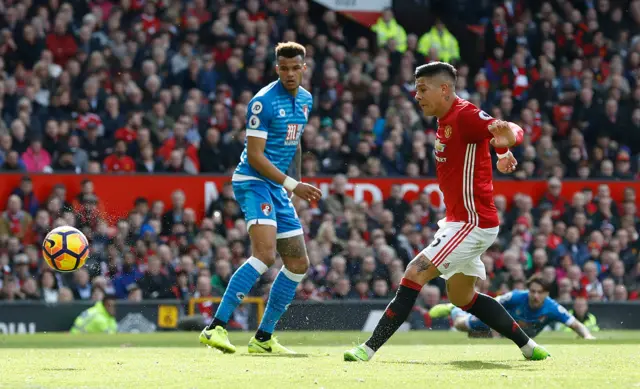 Manchester United's Marcus Rojo scores