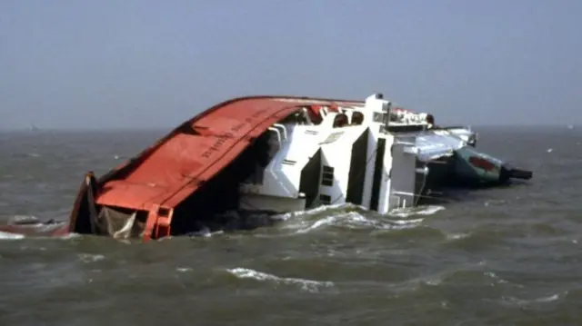 The ferry after capsizing