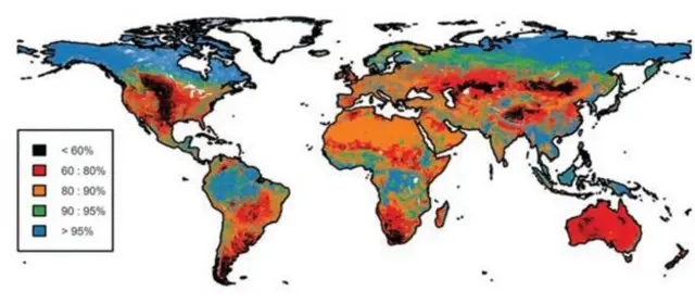 
          The majority of the Earth's land coverage was found to be below safe values of 90% biodiversity
        