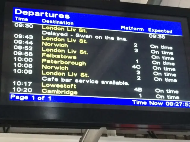 
          Display board at Ipswich Train station warning of delay due to a swan on the line.
        