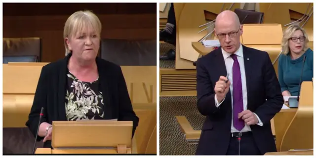 
          Labour MSP Johann Lamont and Education Secretary John Swinney
        