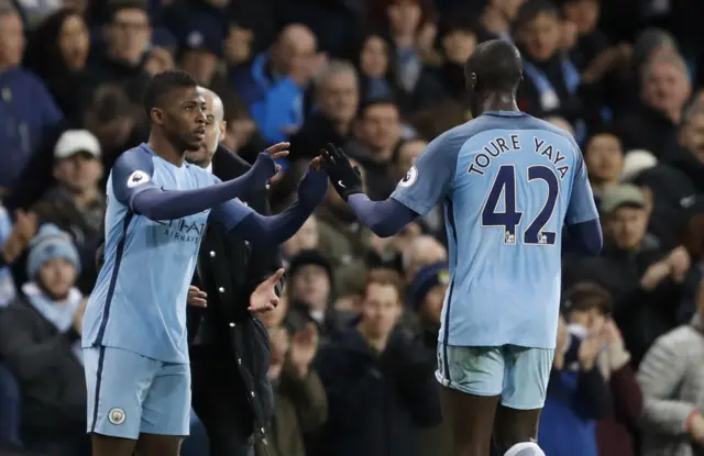 
          Manchester City"s Kelechi Iheanacho comes on as a substitute to replace Yaya Toure
        