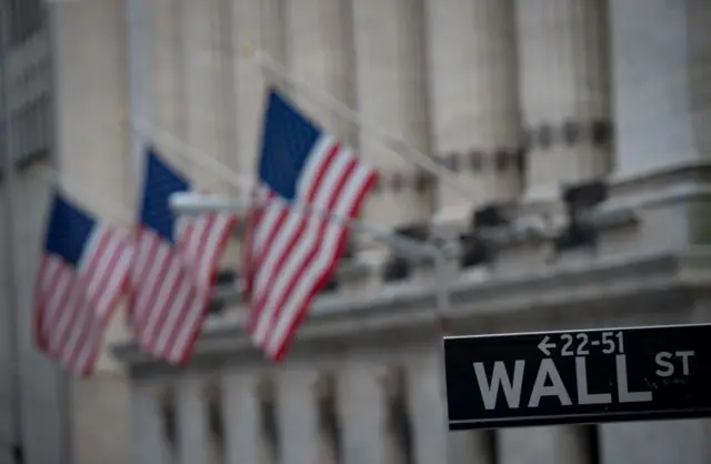 Wall Street sign in front of several US flags