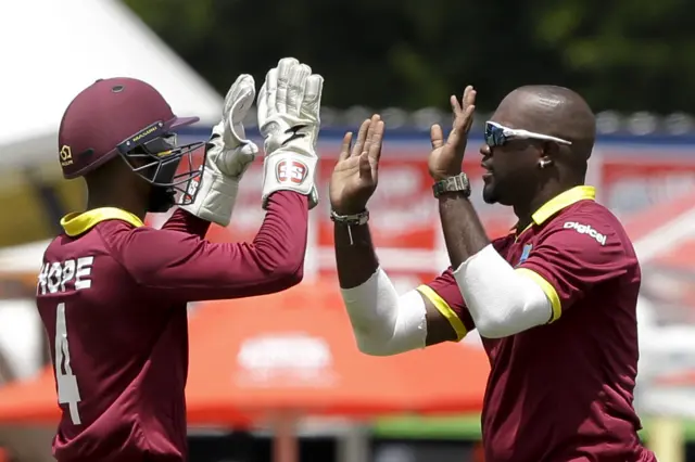 Ashley Nurse celebrates with Shai Hope