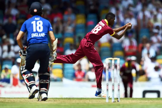 Moeen Ali is caught and bowled by Alzarri Joseph