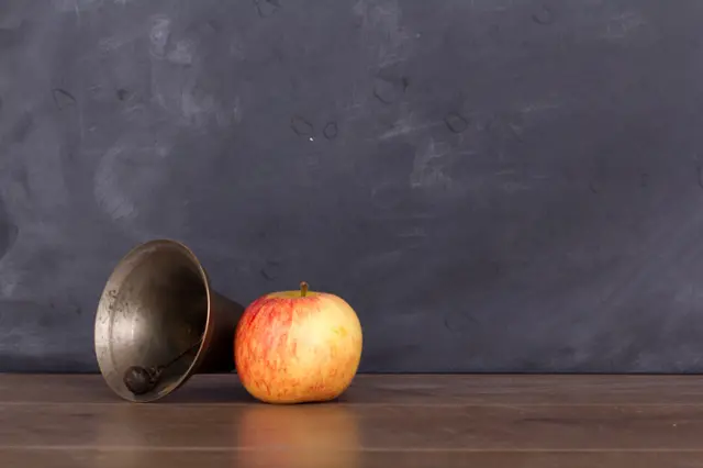 School bell, apple and blackboard