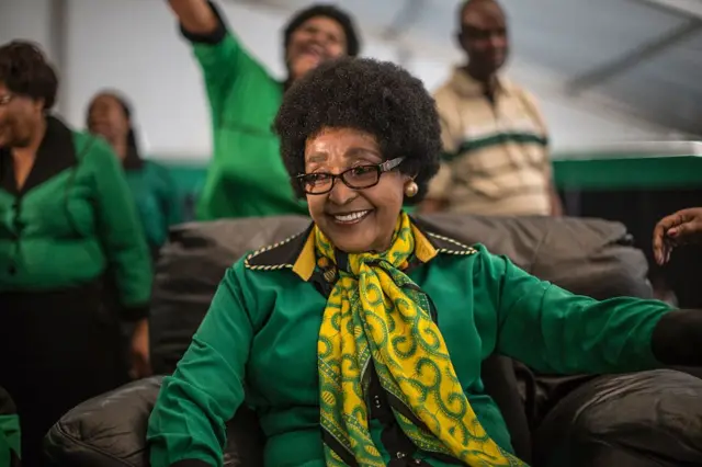 
          Africa National Congress stalwart Winnie Madikizela Mandela looks on as she is greeted by Women League supporters
        