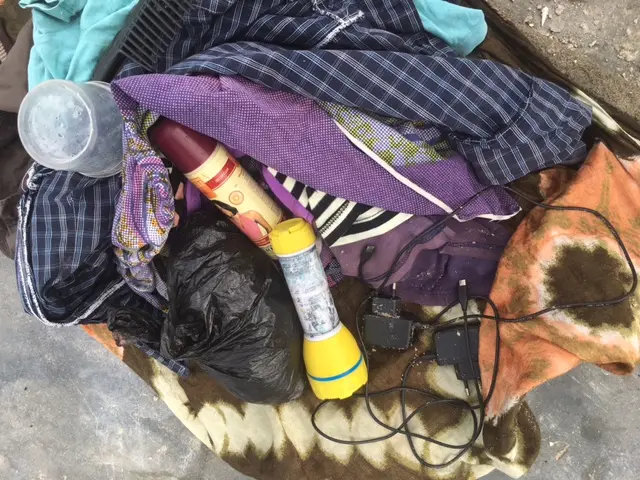 Cloth bag containing torch, clothes and other items