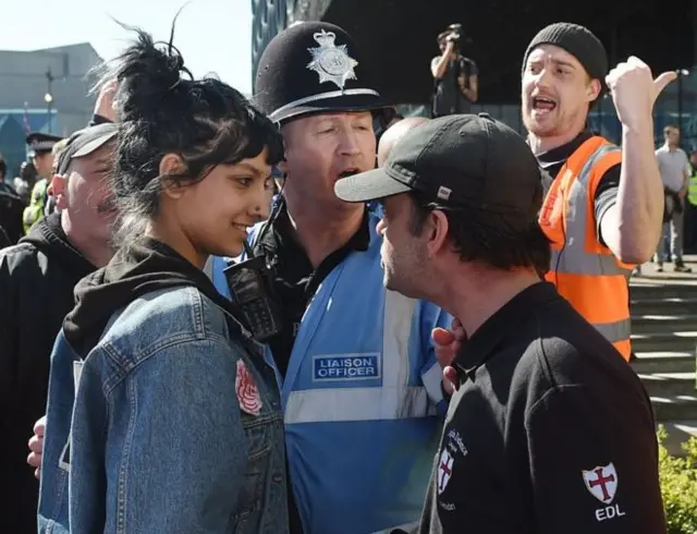 
          he The image of Saffiyah Khan was taken at an EDL demonstration in Centenary Square in Birmingham
        