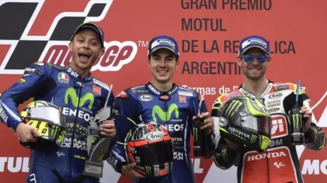 Valentino Rossi, winner Maverick Vinales and Cal Crutchlow