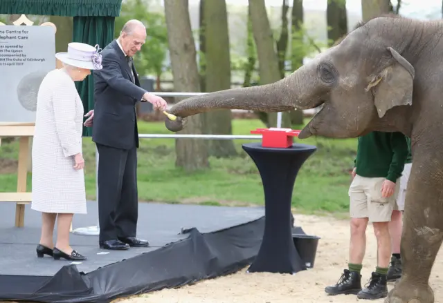 
          Queen Elizabeth II and Prince Philip, Duke of Edinburgh feed Donna, an Asian Elephant
        